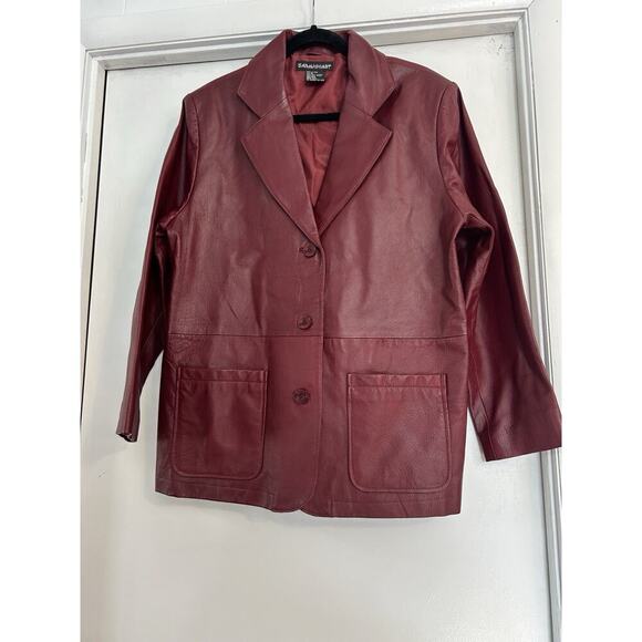 Savannah Red Leather Nylon Lined Size 12 Women’s Blazer Jacket Vintage - Picture 1 of 7